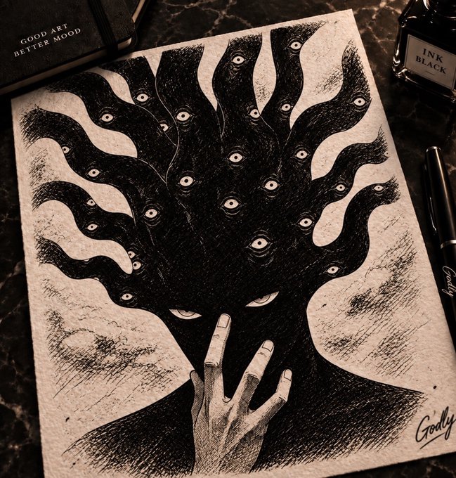 Black ink drawing on cream paper depicting a figure with multiple eyes sprouting from its head like tentacles, resting two fingers on its face, signed 'Goodly' and accompanied by an 'INK BLACK' bottle and 'GOOD ART BETTER MOOD' box.