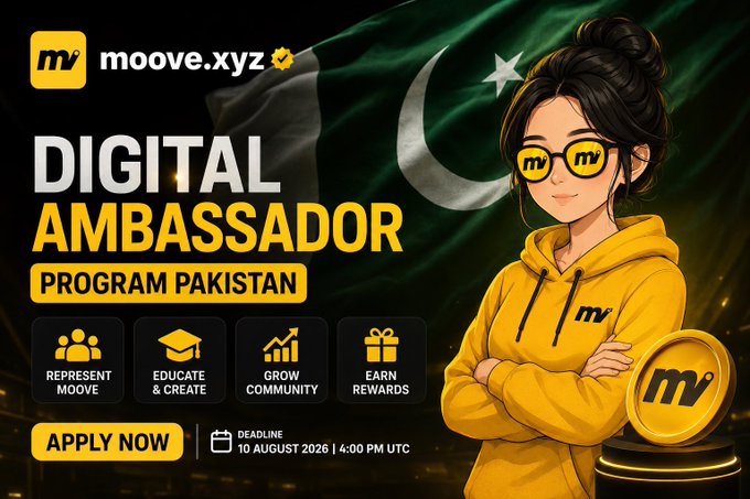 A promotional graphic for the Moove.xyz Digital Ambassador Program Pakistan, featuring a cartoon-style woman in a yellow hoodie and branded sunglasses next to a large gold coin, set against the Pakistani flag. The ad highlights four program pillars—Represent Moove, Educate & Create, Grow Community, and Earn Rewards—with an 'Apply Now' button and a deadline of 10 August 2026, 4:00 PM UTC.