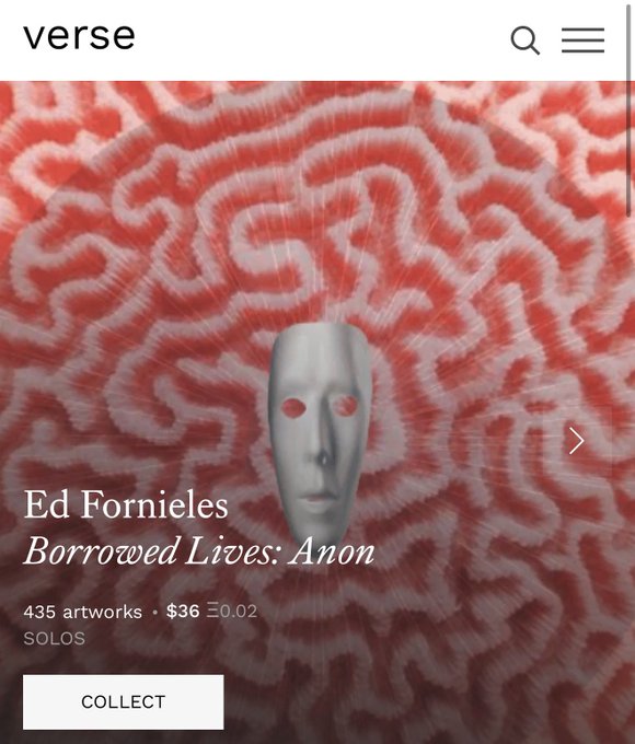A digital art marketplace webpage titled 'verse' displaying 'Ed Fornieles' artwork 'Borrowed Lives: Anon' featuring a white mask-like face against a swirling red and white labyrinth pattern, listed at $36 (0.02 ETH) with 435 artworks under SOLOS.