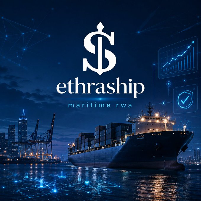 A dark, blue-toned promotional image for "ethraship - maritime rwa" featuring a stylized anchor-dollar logo above a large container ship at a port, with overlay graphics of an upward-trending chart and a security shield. The imagery reinforces the post's message by visually anchoring the real-world asset concept—linking the physical cargo vessel and maritime infrastructure to the digital financial overlays representing patient, contract-backed RWA investing.