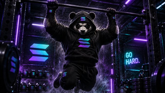 A 3D-rendered image of an anthropomorphic bear in a black hoodie with a neon blue/purple logo, doing a pull-up on a barbell in a dark gym setting illuminated by purple and blue neon lights, with a "GO HARD." sign on the wall.