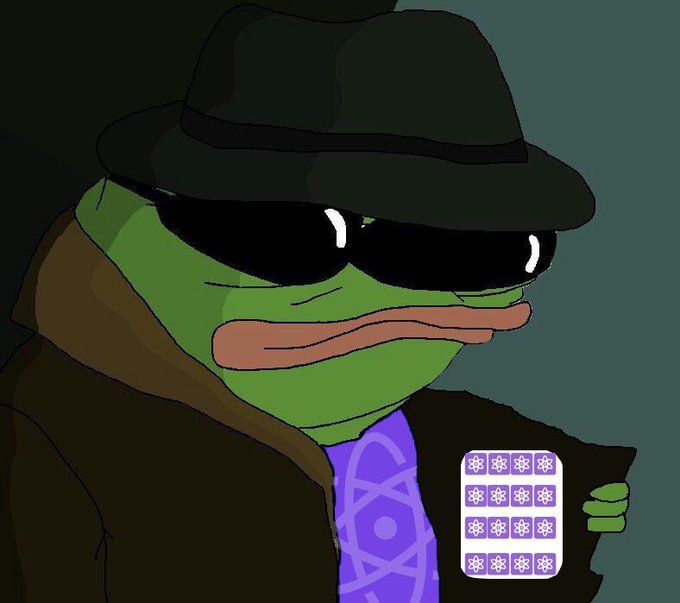 An illustration of Pepe the Frog dressed as a 'spy' wearing a black fedora, dark sunglasses, and a brown coat, holding a blister pack of pills.