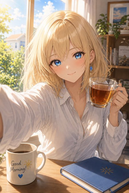 An anime-style illustration of a smiling blonde girl with blue eyes holding a cup of tea and taking a selfie, seated at a table with a 'Good Morning!' mug and a blue sun-emblazoned book.