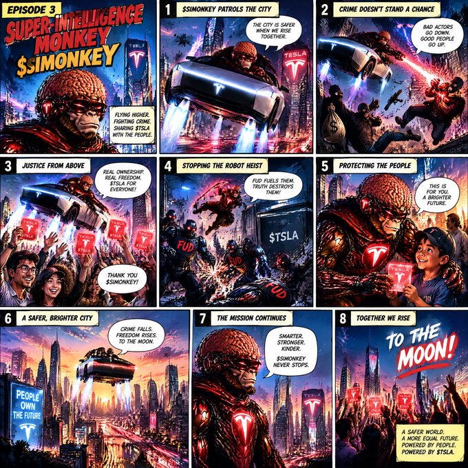 An 8-panel comic titled 'SUPER-INTELLIGENCE MONKEY $SIMONKEY' depicting a heroic monkey character in a Tesla-themed cyberpunk story about protecting the city.