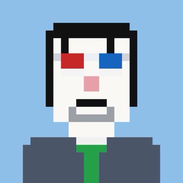 A pixel art portrait of a man with black hair, a red and blue 3D glasses effect over his eyes, and a green tie.