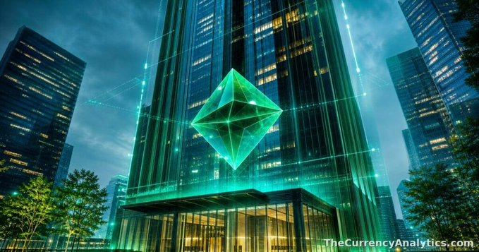 A futuristic digital illustration of a green Ethereum logo superimposed over a modern glass skyscraper, watermarked 'TheCurrencyAnalytics.com'.