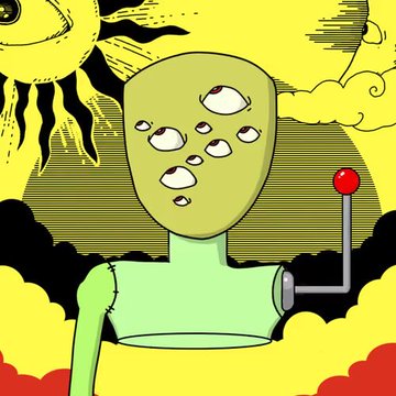 A colorful, surreal illustration of a green, multi-eyed alien-like figure with a mechanical crank, set against a yellow background with a sun.