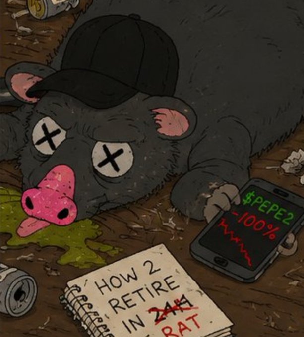 A dark, meme-style illustration of a deceased rat wearing a black cap, holding a phone displaying '$PEPE2 -100%', next to a notebook reading 'HOW 2 RETIRE IN 24H' with a crossed-out word.