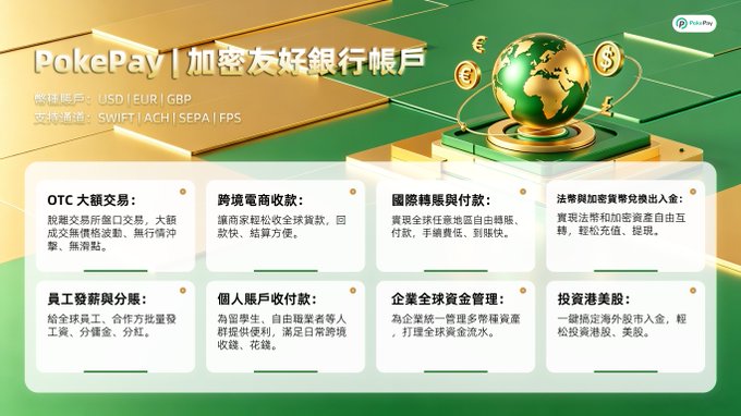 A green promotional banner for PokePay titled "加密友好銀行帳戶" advertising banking services for large transactions, cross-border e-commerce collection, and global fund management, supporting currencies USD, EUR, GBP and payment channels SWIFT, ACH, SEPA, FPS.