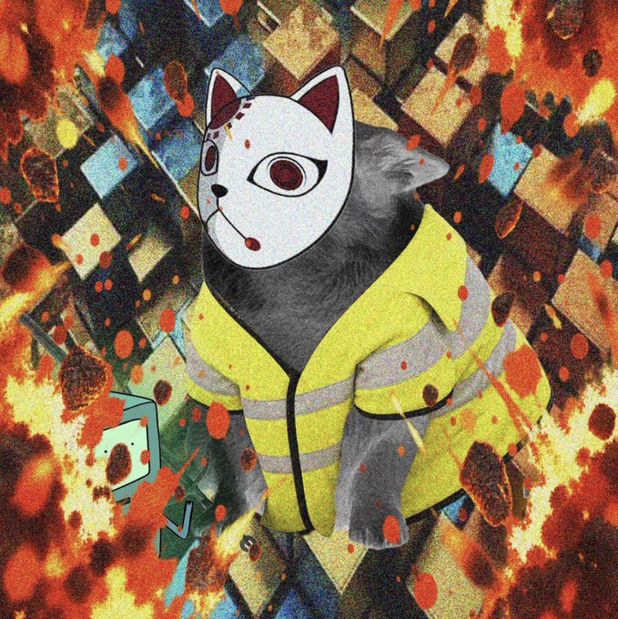 Stylized artwork of a cat wearing a white fox mask and yellow firefighter jacket, surrounded by flames and floating against an abstract geometric background.