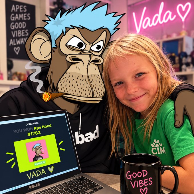 A young girl poses with a cartoon 'Ape Hood' NFT character (Bored Ape) that has been overlaid on the image, with a laptop screen showing 'CONGRATS YOU WON! Ape Hood #1782' and a 'Vada' neon sign behind them.