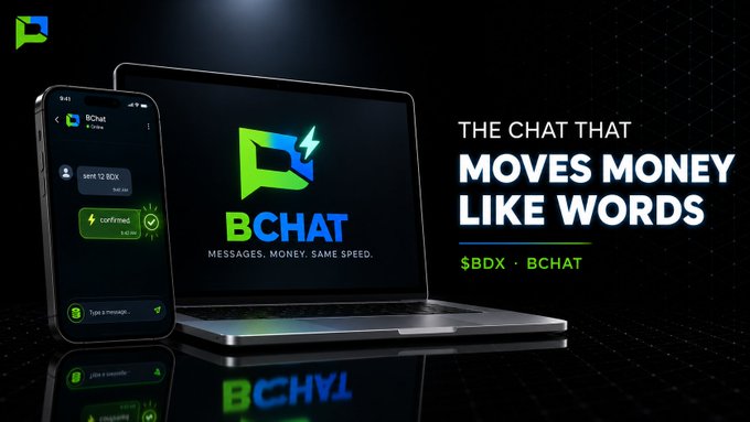 A promotional graphic for BCHAT by SBX, with the tagline "THE CHAT THAT MOVES MONEY LIKE WORDS", showing a laptop and smartphone displaying the messaging app interface.