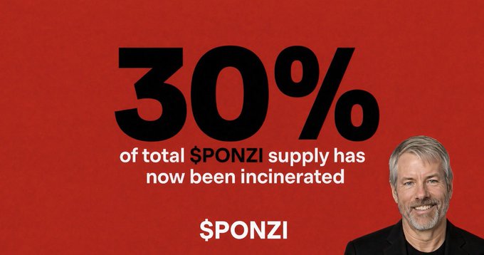 A red graphic with large text reading '30% of total $PONZI supply has now been incinerated', featuring the $PONZI ticker and a photo of Michael Saylor in the corner.