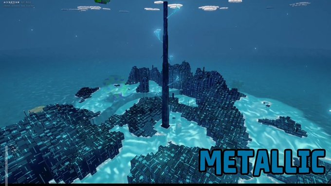An underwater scene showing a large structure surrounded by debris with the text 'METALLIC' in the bottom right corner.
