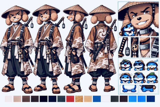 A character reference sheet displays a samurai-style anthropomorphic dog in traditional robes with a katana from multiple angles, alongside expression icons of a blue toad mascot, with a color palette at the bottom—matching the $TOBY TOAD GANG brand identity.