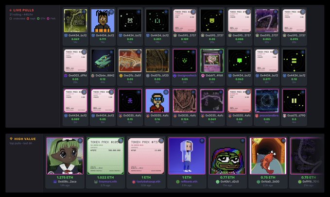 A dashboard displaying live NFT pulls and high-value token listings, with cards showing token names like "0x06_h20ra," "0x023 ETH," and "TJOKI PRX" alongside ETH values and timestamps. The interface illustrates the open-source FWA dashboard mentioned in the post, showcasing real-time NFT data being monitored on a personal node.