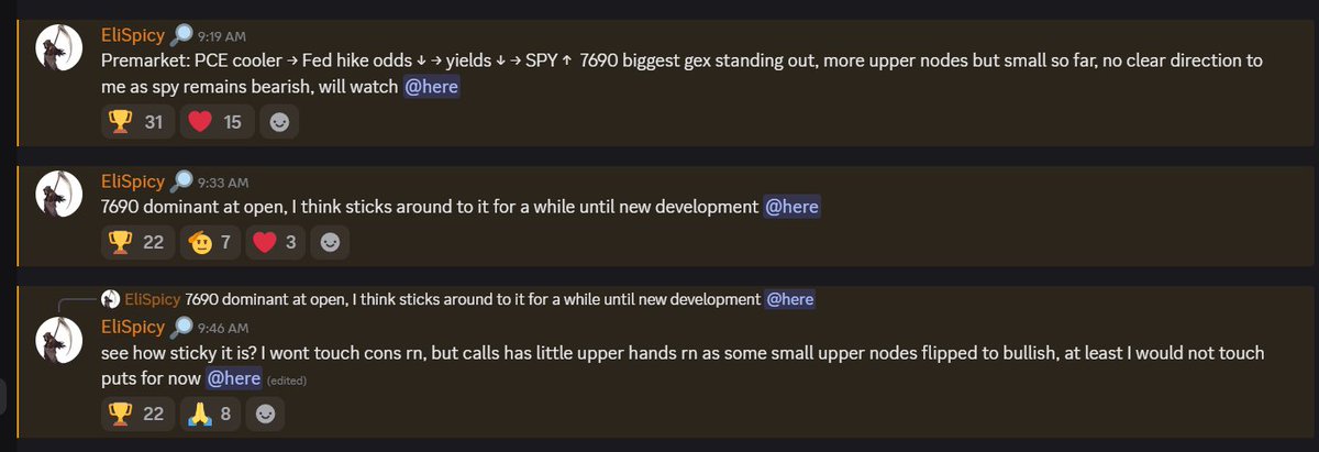 A Discord message thread from "EliSpicy" showing three posts from 9:19 AM, 9:33 AM, and 9:46 AM discussing SPY and the 7690 GEX level as the biggest gex standing out at premarket, noting bearish bias for SPY while identifying the sticky 7690 dominance throughout the day before a notable end-of-day price drop.