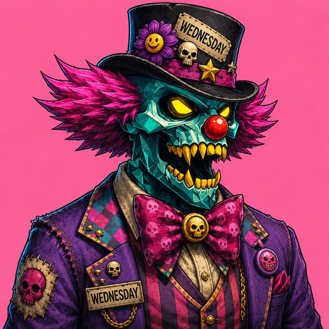 A cartoonish illustration of a sinister clown with a teal skull face, red nose, and top hat labeled 'WEDNESDAY', wearing a purple suit with skull motifs against a pink background.