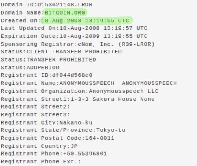 The image shows a WHOIS lookup record for the domain BITCOIN.ORG, with the Domain Name and Created On date (18-Aug-2008 13:19:55 UTC) highlighted in green. This supports the accompanying post's claim that Satoshi created Bitcoin.org 18 years and 2 days ago, with the registration date serving as timestamp evidence.