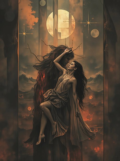 A dark fantasy digital illustration depicts an ethereal embrace between a woman in a flowing gown and a horned, shadowy figure against a backdrop of a large moon, planets, and a fiery landscape.