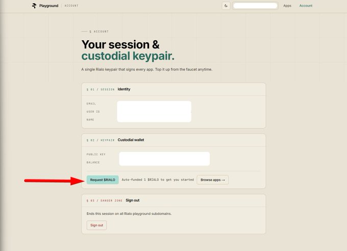 A 'Playground' account page showing 'Your session & custodial keypair' settings with sections for Identity and Custodial wallet, with a red arrow pointing to the 'Request $RAILO' button.