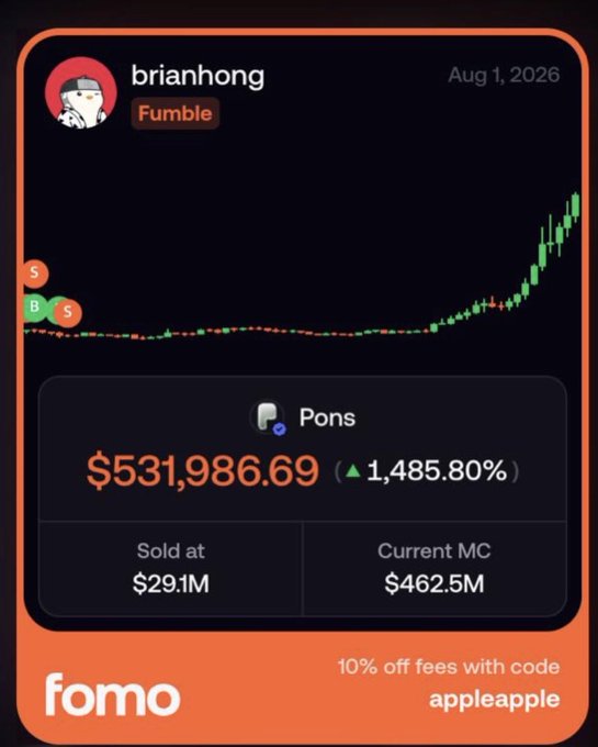 A Fomo app notification shows user brianhong making a 1,485.80% profit of $531,986.69 on the Pons meme coin.