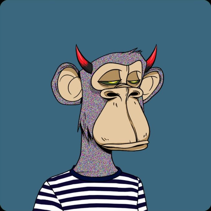 The image features a cartoon monkey wearing a striped shirt, with red horns and a face painted like a human. The monkey appears to have a sad expression as if it's contemplating something or feeling down. The caption below the image reads "Never been more proud to be an ape @BoredApeYC". This suggests that the monkey might feel a sense of pride in being a cartoon character, even though it is just a drawing and not a real-life animal.