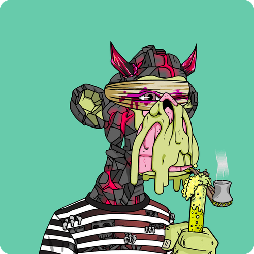 A cartoon illustration of a green-skinned, melting-face creature with red horns and a bandage over one eye, wearing a striped shirt and smoking a pipe against a green background.
