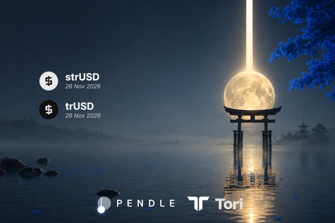 The image features a serene nighttime scene with a full moon, a Japanese torii gate standing in water, and text overlays advertising "strUSD" and "trUSD" by Tori Finance, dated "26 Nov 2026," along with the Pendle and Tori logos at the bottom. The moonlit landscape visually reinforces the post's theme of Tori Finance's institutional yield products becoming accessible to retail users through Pendle.