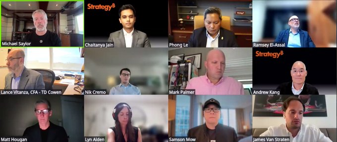 A video conference grid featuring multiple speakers including Michael Saylor, Chaitanya Jain, Phong Le, Ramsey El-Assal, Lance Vitanza, Nik Cremo, Mark Palmer, Andrew Kang, Matt Hougan, Lyn Alden, Samson Mow, and James Van Straten.