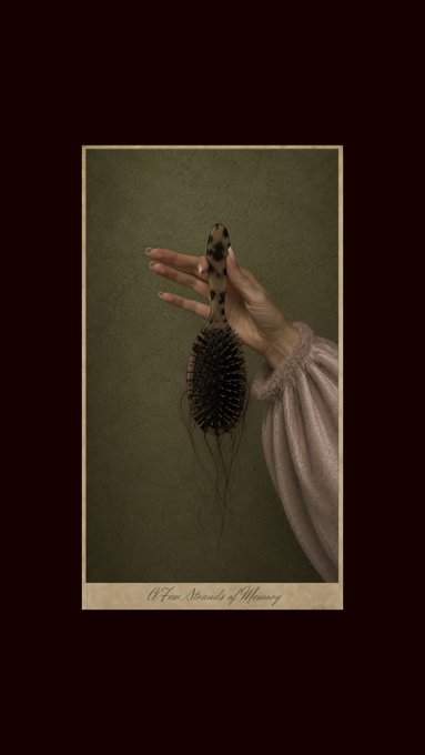 A hand delicately holds a hair brush adorned with an unusual pointed decoration, set against a muted olive-green background, with the caption "A Few Strands of Memory" inscribed at the bottom in elegant script. The piece, one of three works acquired by the artist's sister #s00spicy, evokes a poignant sense of nostalgia and personal history through its intimate, surreal imagery.