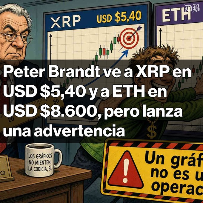 A Spanish-language crypto article illustration featuring a caricature of Peter Brandt with XRP at USD $5.40 and ETH at USD $8.600 price targets, with a warning sign reading 'Un gráfico no es una operación.'