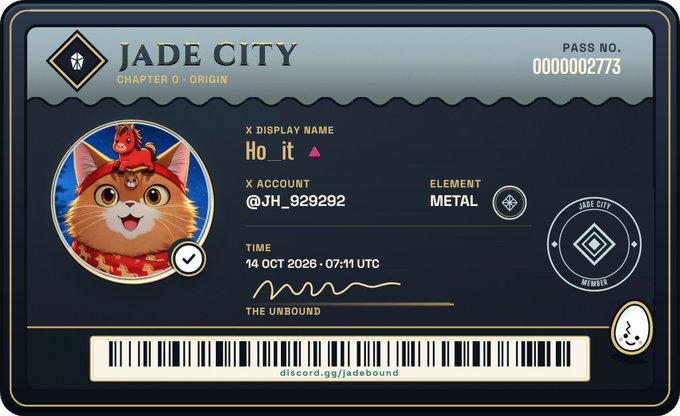 A Jade City Chapter 0 - Origin digital pass card featuring an orange cat avatar, with display name 'Ho it', X account @JH_929292, Metal element, dated 14 OCT 2026, and pass number 0000002773.