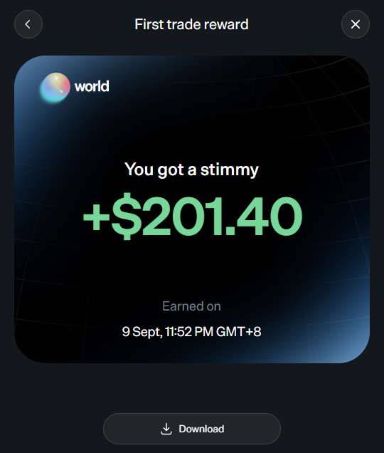 A mobile app screen from Worldcoin showing a first trade reward of +$201.40 earned on September 9 at 11:52 PM GMT+8.