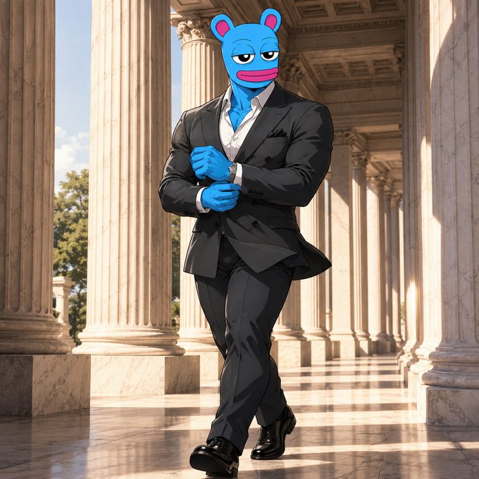 An illustration depicts a character with a blue cartoonish animal head wearing a sharp, dark grey suit, standing confidently with crossed arms in a grand colonnade.