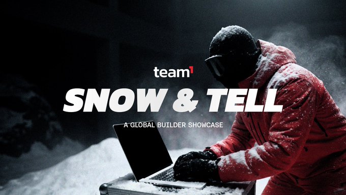 A hooded figure in a red winter jacket types on a laptop in a snowy setting, overlaid with the text "team1 SNOW & TELL — A GLOBAL BUILDER SHOWCASE." The wintry, mysterious scene visually ties to the "Snow & Tell" event theme announced in the post, promoting the exclusive builder showcase for @AvaxTeam1 members.