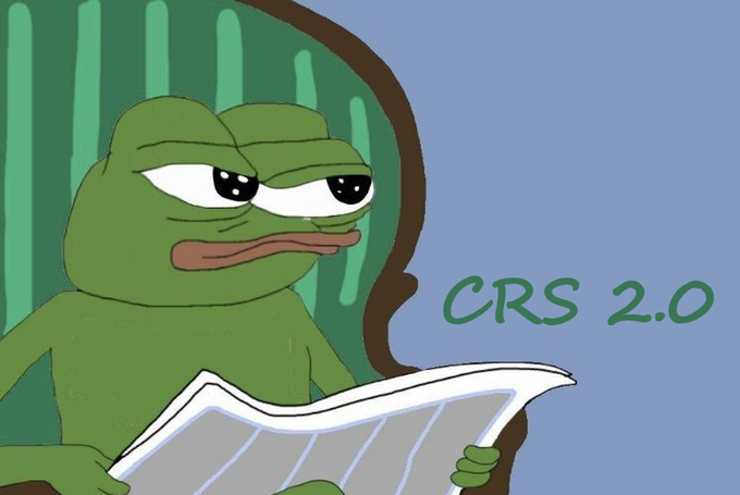 The image features the popular "Sad Pepe" meme character reading a document, paired with the text "CRS 2.0" written in green. This relates to the post which discusses OECD's CRS (Common Reporting Standard) 2.0 framework for crypto tax reporting, with Pepe appearing to study the complex topic that the author concludes won't impact crypto exchange taxation for at least 1.5-2+ more years.