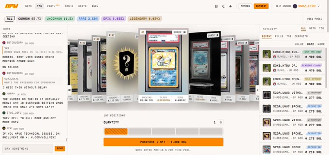 A screenshot of the mtg.market NFT marketplace interface showing various trading card packs available for purchase, with chat and recent activity on the sides.