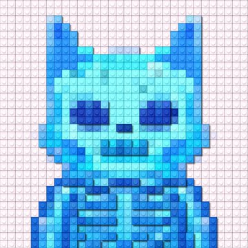 A pixel art representation of a blue skeleton figure with horns, composed of square tiles on a light grid background.
