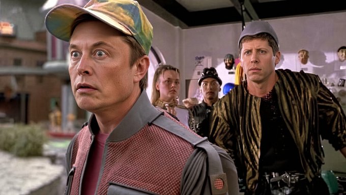 A scene from a movie showing a man in a colorful cap and red vest looking surprised, with another man in a striped shirt and gray hat standing behind him among other characters.