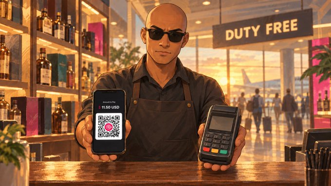 An illustration of a bald man wearing sunglasses and a brown apron at a 'DUTY FREE' shop counter, holding a smartphone displaying a QR code for an 11.50 USD payment in one hand and a payment terminal in the other.