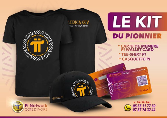 A promotional advertisement for 'LE KIT DU PIONNIER' by Pi Network Côte d'Ivoire, displaying a black t-shirt, cap, and member card featuring the Pi Network logo, with contact numbers 05 55 11 77 50 and 07 87 75 32 44.