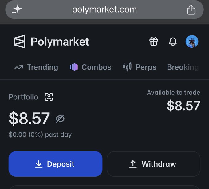 A screenshot of a Polymarket.com account showing a portfolio balance of $8.57 available to trade, with $0.00 (0%) change in the past day and Deposit/Withdraw buttons visible. The image directly illustrates the modest $8.57 balance mentioned in the caption, representing the funds waiting to be used for Premier League betting.