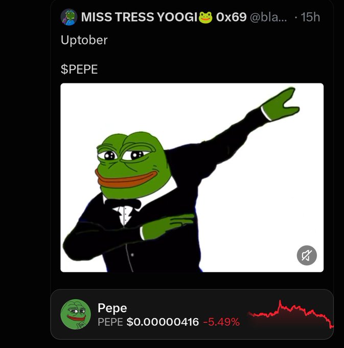 A screenshot of a social media post by 'MISS TRESS YOOGI' promoting '$PEPE', featuring a drawing of Pepe the Frog in a tuxedo posing dramatically, and a chart below showing the token price '$PEPE $0.000000416' down '5.49%'.