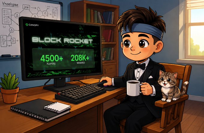A cartoon illustration of a young man in a tuxedo sitting at a desk with a cat, working on a computer displaying 'BLOCK ROCKET' with '4500+ PLAYERS' and '208K+ WINZERD' stats.