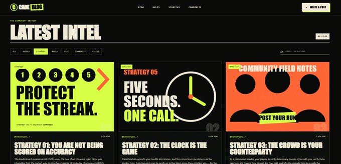 A dark-themed website titled "LATEST INTEL" from CB+ BLOG showing three strategy posts: "PROTECT THE STREAK", "FIVE SECONDS. ONE CALL", and "THE CROWD IS YOUR COUNTERPARTY" with bright yellow, black, and orange designs.