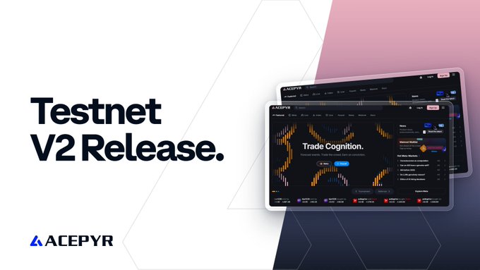 A promotional graphic for ACEPYR's "Testnet V2 Release" featuring "Trade Cognition" displayed on tablet and laptop screens.
