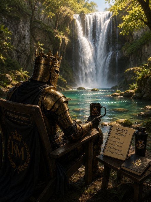 A fantasy image of a knight in dark golden armor sitting on a wooden chair labeled 'FREEDOM FRIDAY' and 'KM', holding a mug, with a waterfall in the background and a 'TODAY'S MISSION' checklist on a side table.