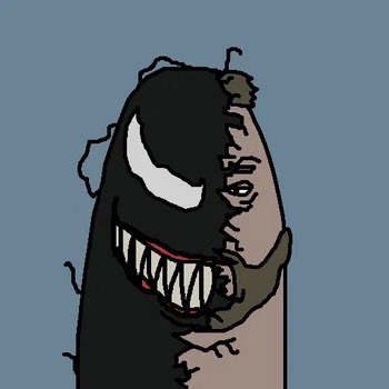 A cartoon illustration of a menacing black character with sharp teeth and glowing white eyes.