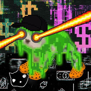 A digital artwork featuring a green pixelated alien creature wearing sunglasses and orange shoes, standing against a glitchy purple background with dollar bills, cat icons, and a fiery beam crossing the scene.